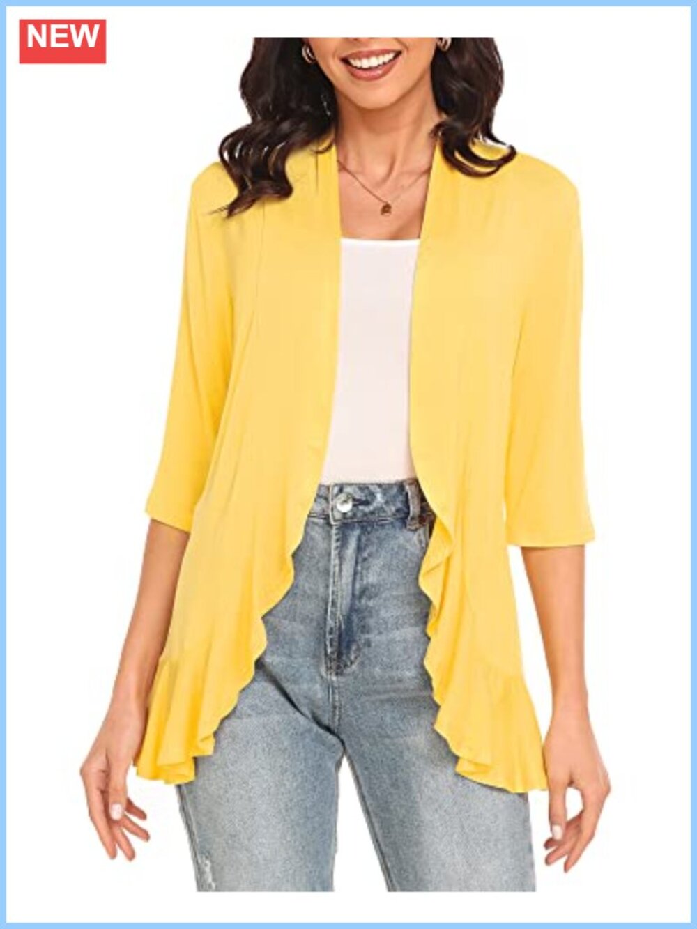 Women's 3/4 Sleeve Open Front Cardigan Lightweight Ruffled Sweater